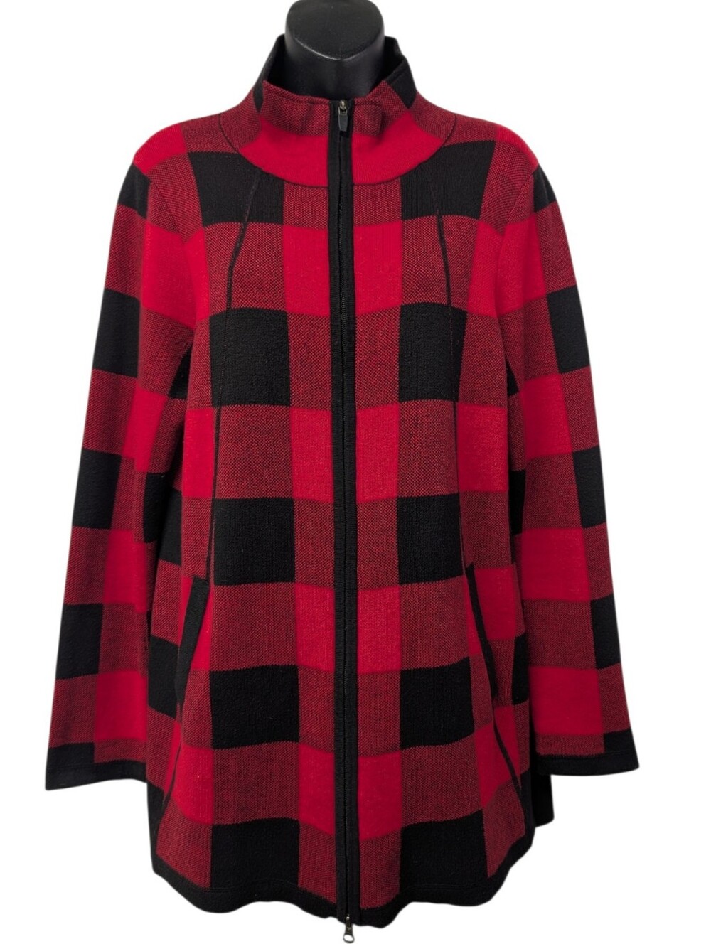 Adrienne Vittadini Womens Red/Black Plaid Cotton Sweater Zip Front Pockets XL